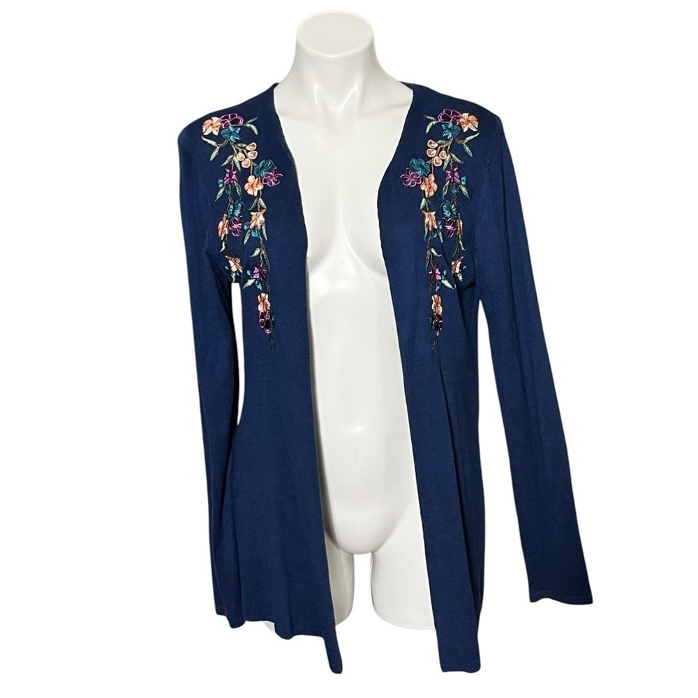 New Directions Embroidered Open Front Cardigan Size Large Dark Teal